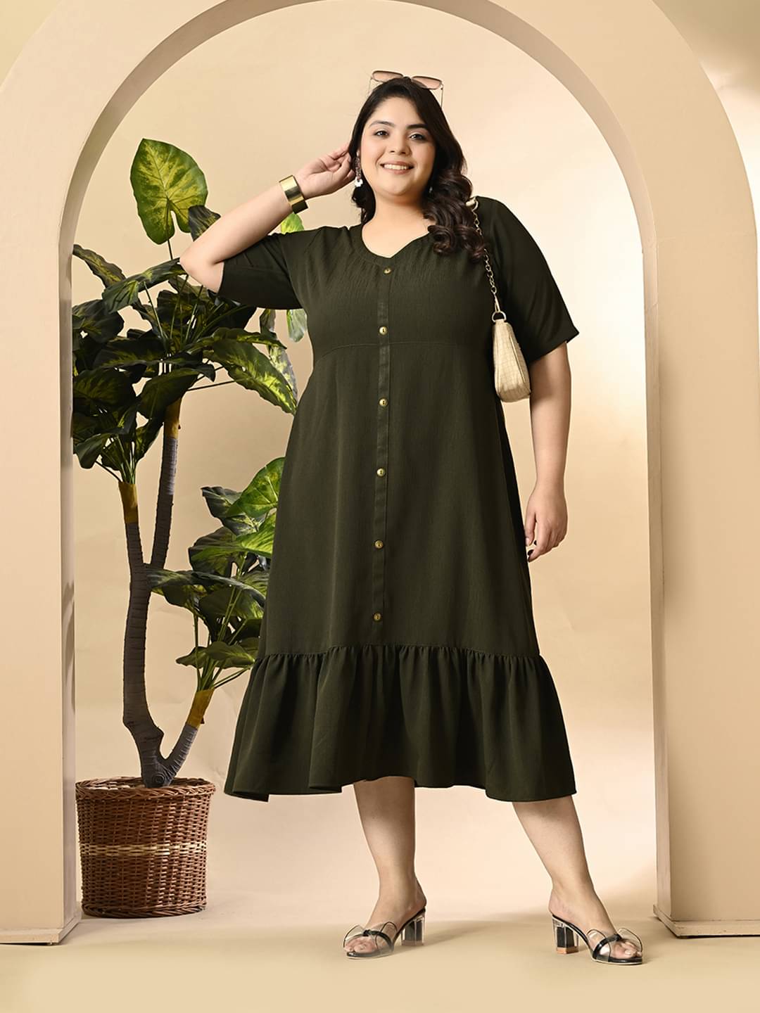 PrettyPlus by Desinoor.com Polyester Solid Midi Women's Fit & Flare Dress - Olive ( Pack of 1 ) PrettyPlus by Desinoor.com Polyester Solid Midi Women's Fit & Flare Dress - Olive ( Pack of 1 )