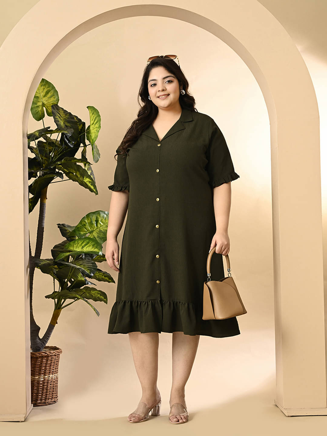 PrettyPlus by Desinoor.com Polyester Solid Midi Women's Fit & Flare Dress - Olive ( Pack of 1 ) PrettyPlus by Desinoor.com Polyester Solid Midi Women's Fit & Flare Dress - Olive ( Pack of 1 )