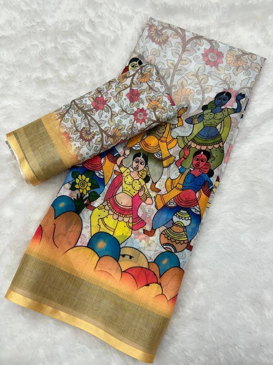 RUDRA CREATION Linen Printed Saree With Unstitched Blouse Piece ( Cream ) RUDRA CREATION Linen Printed Saree With Unstitched Blouse Piece ( Cream )