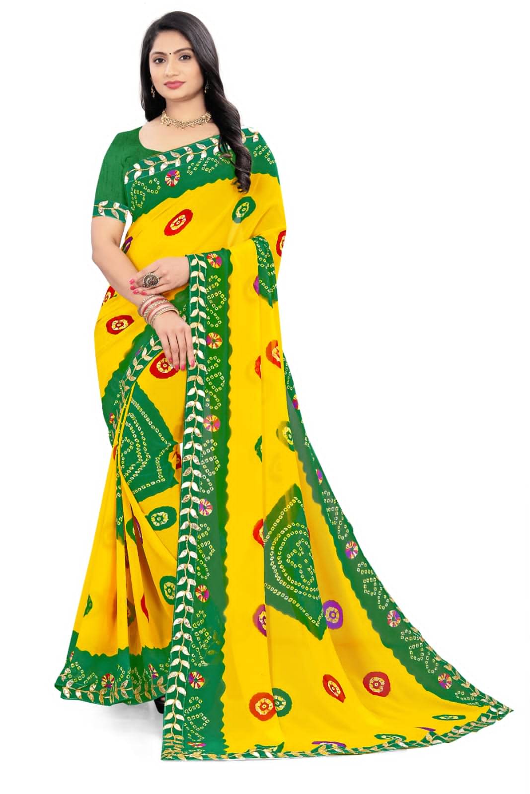     			RUDRA CREATION Georgette Printed Saree With Unstitched Blouse Piece ( Green )
