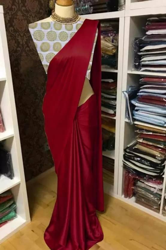 Saadhvi Satin Solid Saree With Unstitched Blouse Piece ( Maroon ) Saadhvi Satin Solid Saree With Unstitched Blouse Piece ( Maroon )