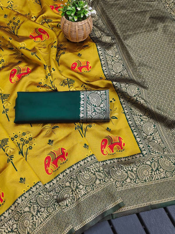 Sanjana Silk Silk Blend Printed Saree With Unstitched Blouse Piece ( Yellow ) Sanjana Silk Silk Blend Printed Saree With Unstitched Blouse Piece ( Yellow )