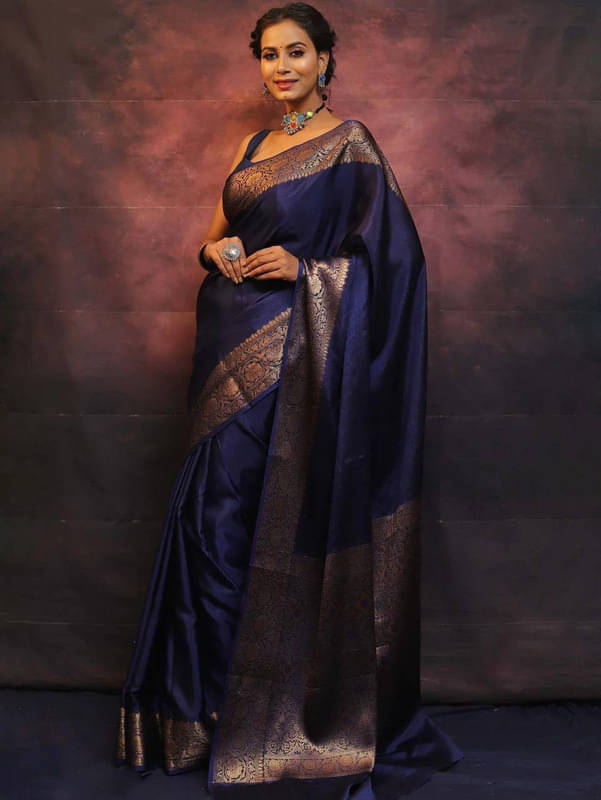 Sanjana Silk Silk Blend Embellished Saree With Unstitched Blouse Piece ( Navy Blue ) Sanjana Silk Silk Blend Embellished Saree With Unstitched Blouse Piece ( Navy Blue )