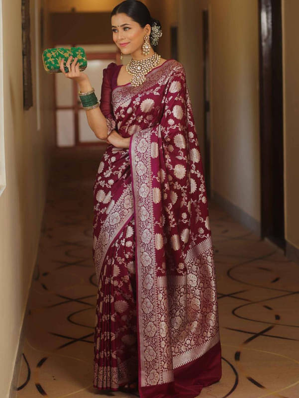 Sanwariya Silks Silk Blend Woven Saree With Unstitched Blouse Piece ( Wine ) Sanwariya Silks Silk Blend Woven Saree With Unstitched Blouse Piece ( Wine )