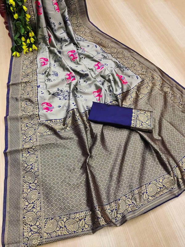 Sanwariya Silks Silk Blend Printed Saree With Unstitched Blouse Piece ( Grey ) Sanwariya Silks Silk Blend Printed Saree With Unstitched Blouse Piece ( Grey )