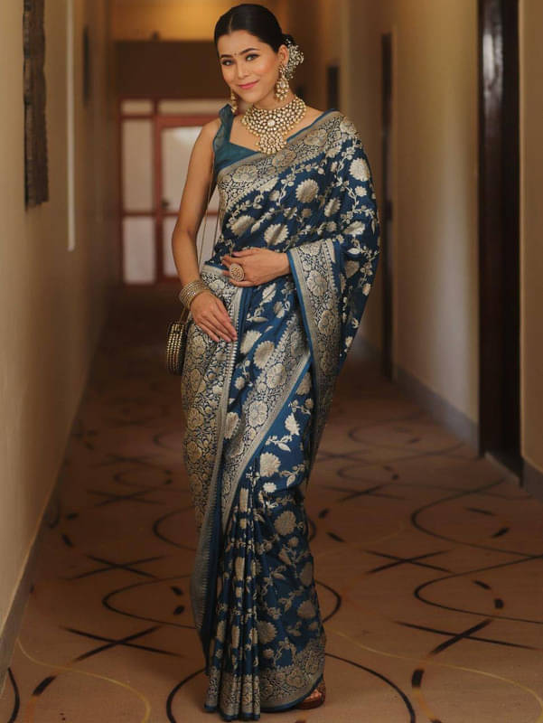 Sitanjali Lifestyle Silk Blend Embellished Saree With Unstitched Blouse Piece ( Navy Blue )     			Sitanjali Lifestyle Silk Blend Embellished Saree With Unstitched Blouse Piece ( Navy Blue )