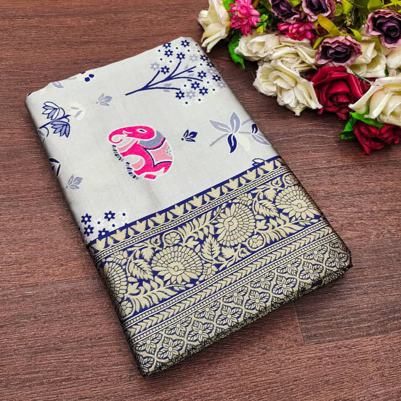     			Sitanjali Silk Blend Printed Saree With Unstitched Blouse Piece ( Grey )