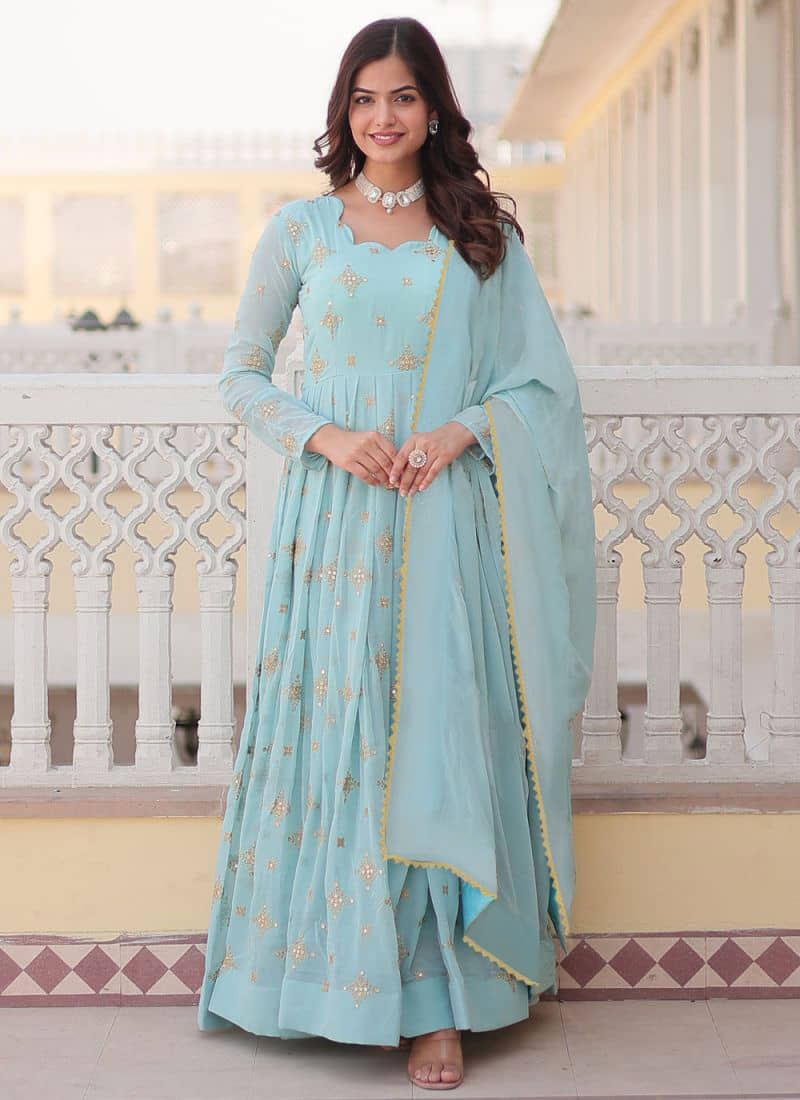Trijal Fab Pack of 1 Georgette Embellished Anarkali Women's Kurti with Dupatta - ( Turquoise ) - Kurtis, Tunics | Buy online on ZillyBuy