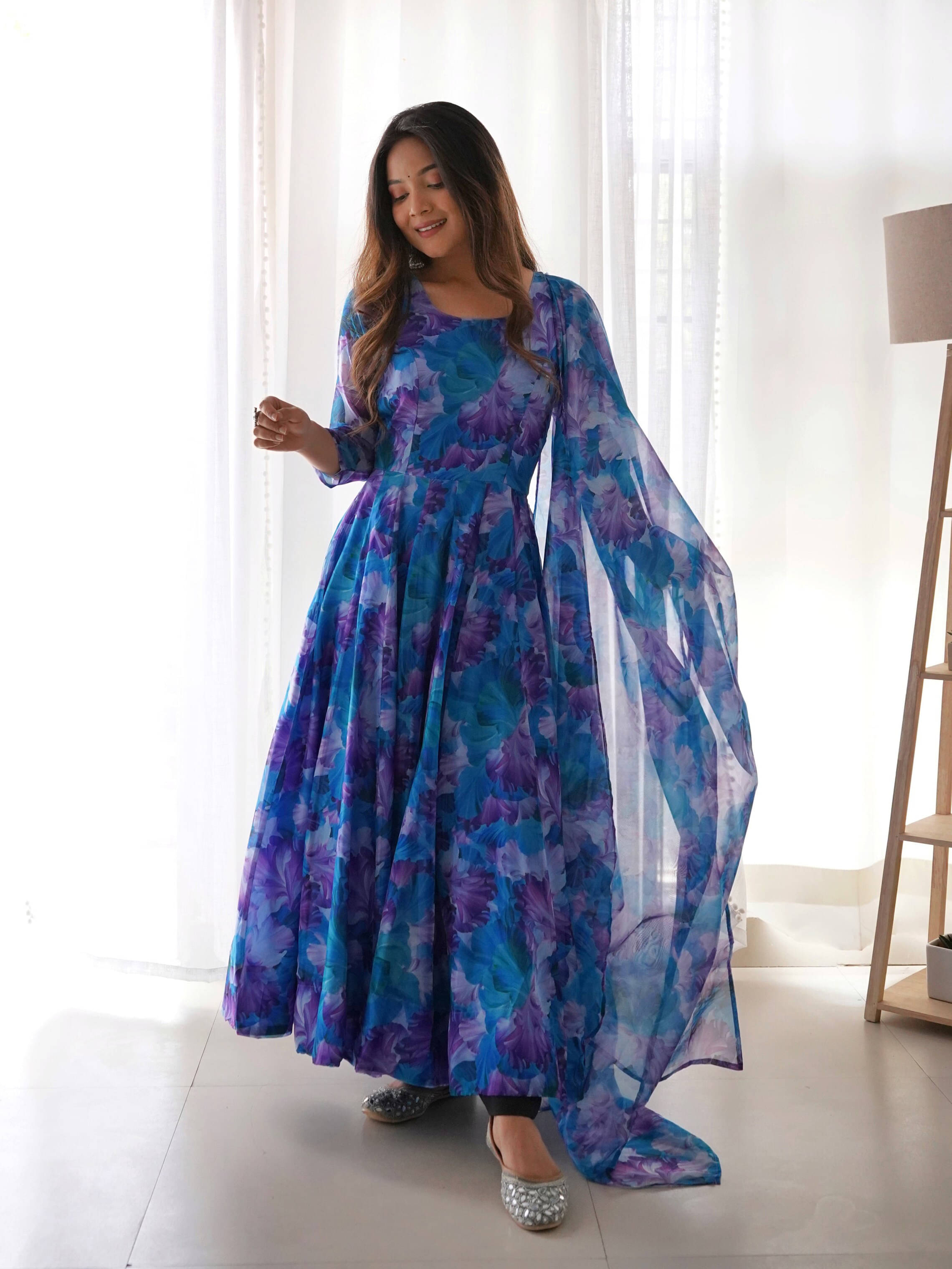     			Trijal Fab Pack of 1 Georgette Printed Anarkali Women's Kurti with Dupatta - ( Blue )
