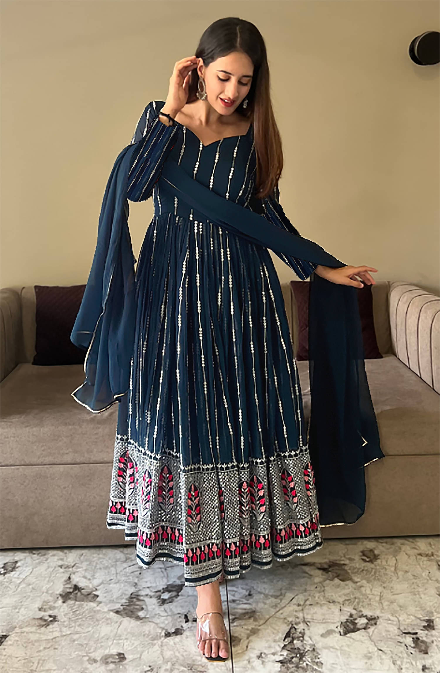    			Trijal Fab Pack of 1 Georgette Embellished Anarkali Women's Kurti with Dupatta - ( Blue )