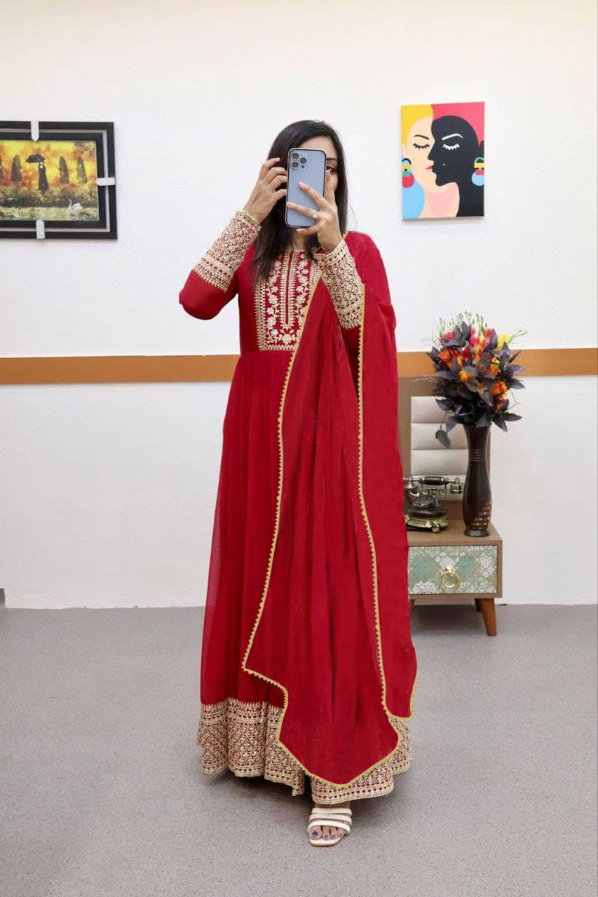 Trijal Fab Pack of 1 Georgette Embellished Anarkali Women's Kurti with Dupatta - ( Red ) - Kurtis, Tunics | Buy online on ZillyBuy