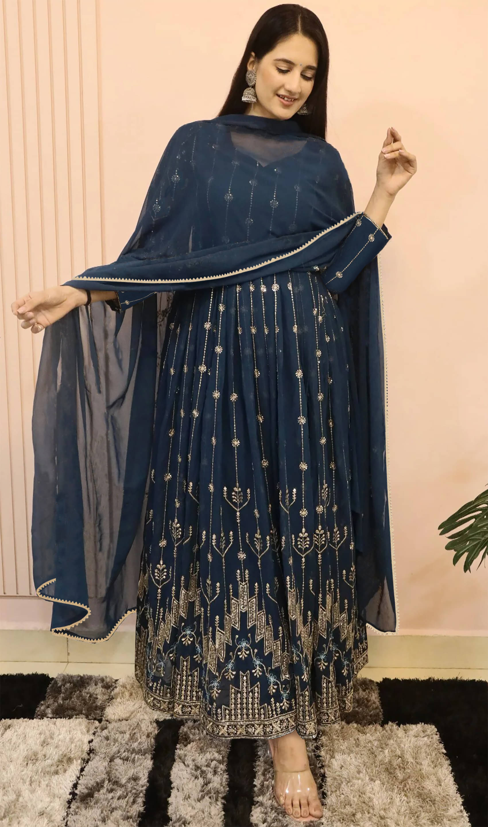 Trijal Fab Pack of 1 Georgette Embroidered Anarkali Women's Kurti with Dupatta - ( Blue ) Trijal Fab Pack of 1 Georgette Embroidered Anarkali Women's Kurti with Dupatta - ( Blue )