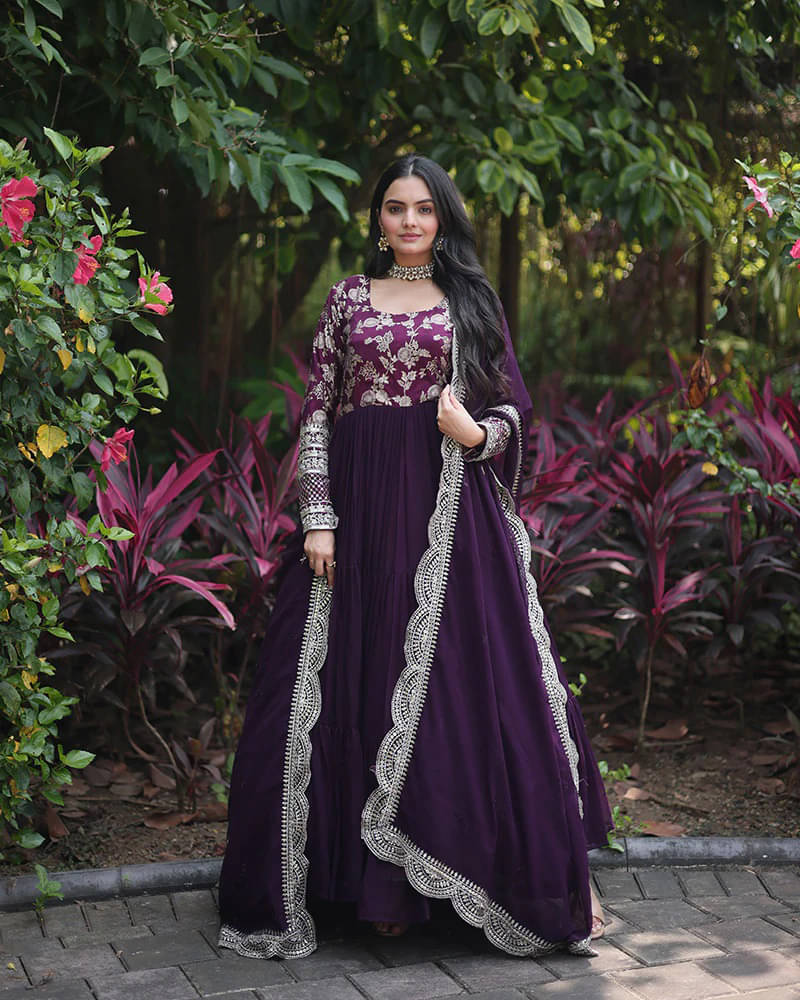 Trijal Fab Pack of 1 Georgette Woven Design Anarkali Women's Kurti with Dupatta - ( Purple ) Trijal Fab Pack of 1 Georgette Woven Design Anarkali Women's Kurti with Dupatta - ( Purple )