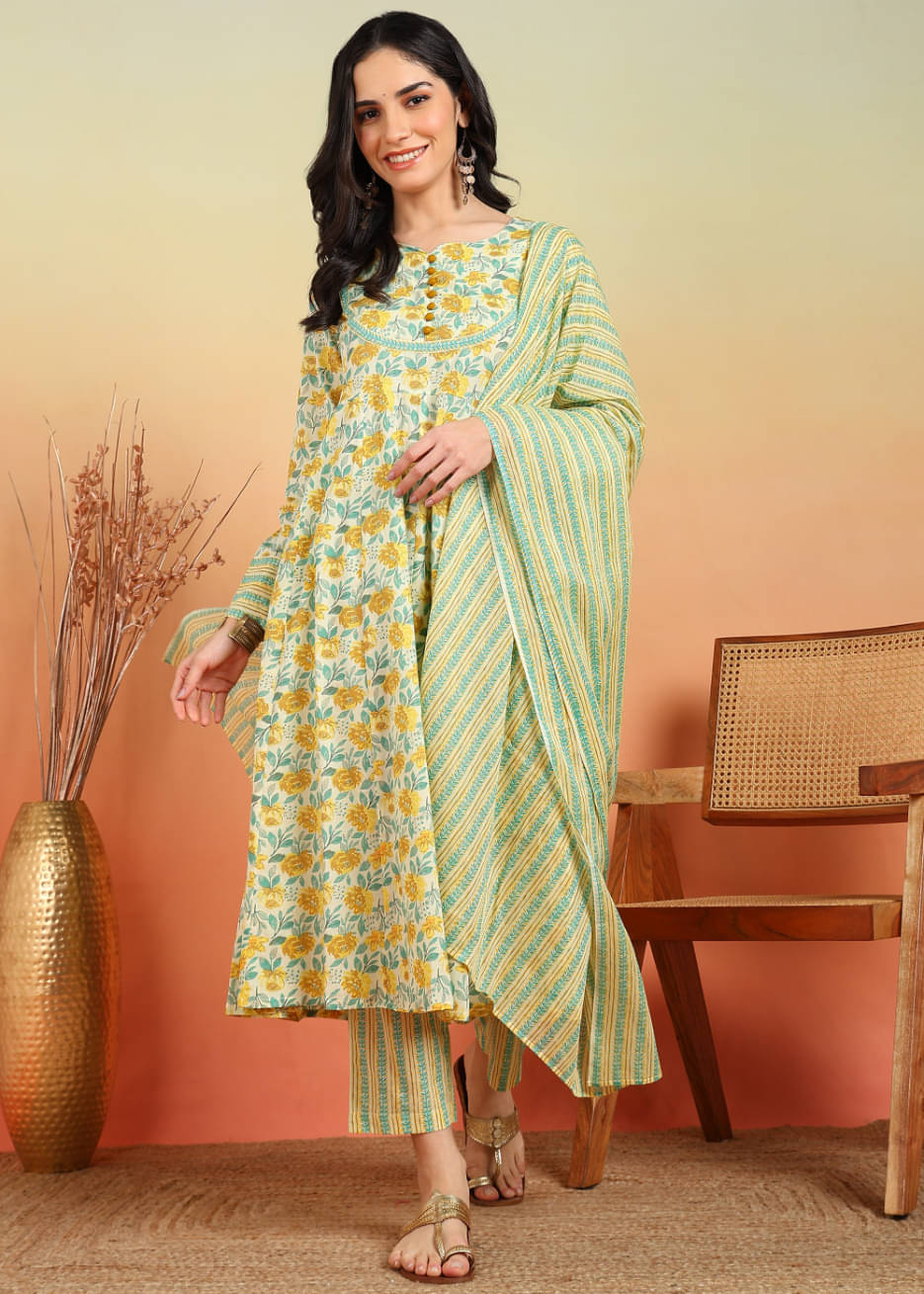 Yash Gallery Cotton Printed Kurti With Pants Women's Stitched Salwar Suit - Yellow ( Pack of 1 ) Yash Gallery Cotton Printed Kurti With Pants Women's Stitched Salwar Suit - Yellow ( Pack of 1 )