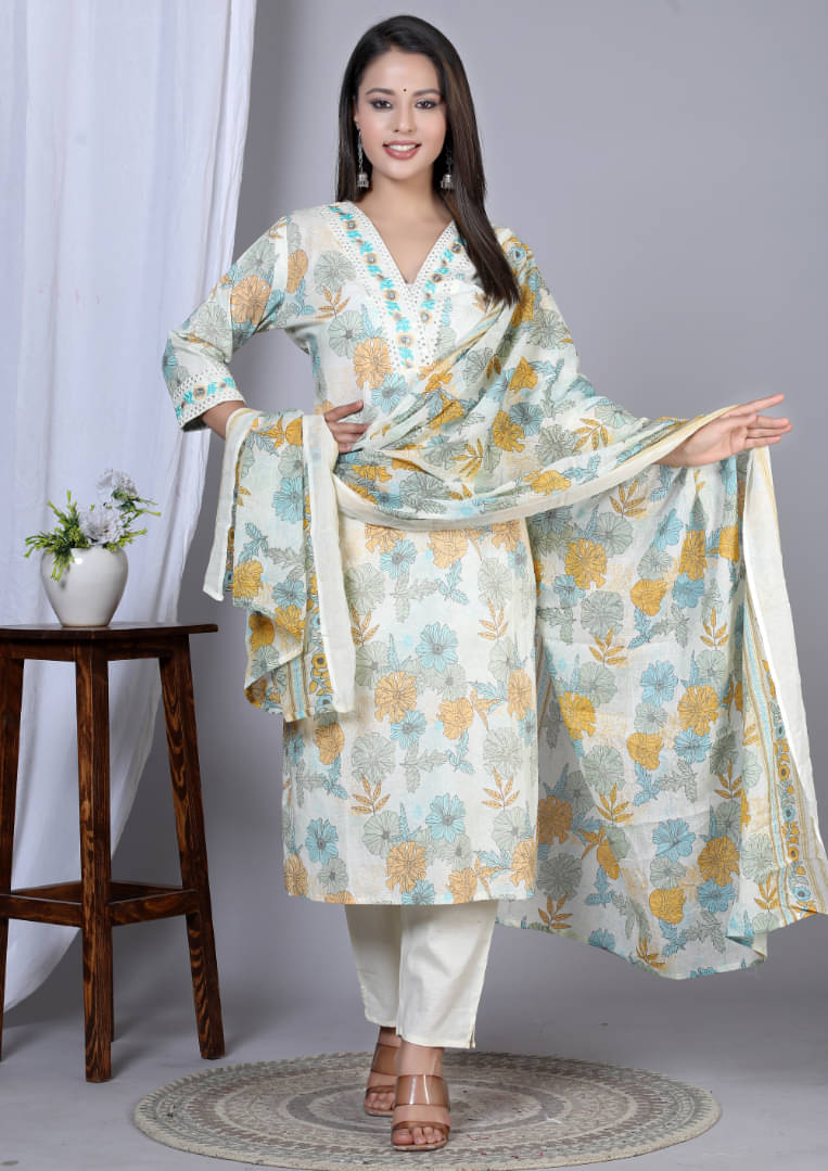     			Yash Gallery Cotton Printed Kurti With Pants Women's Stitched Salwar Suit - Mustard ( Pack of 1 )