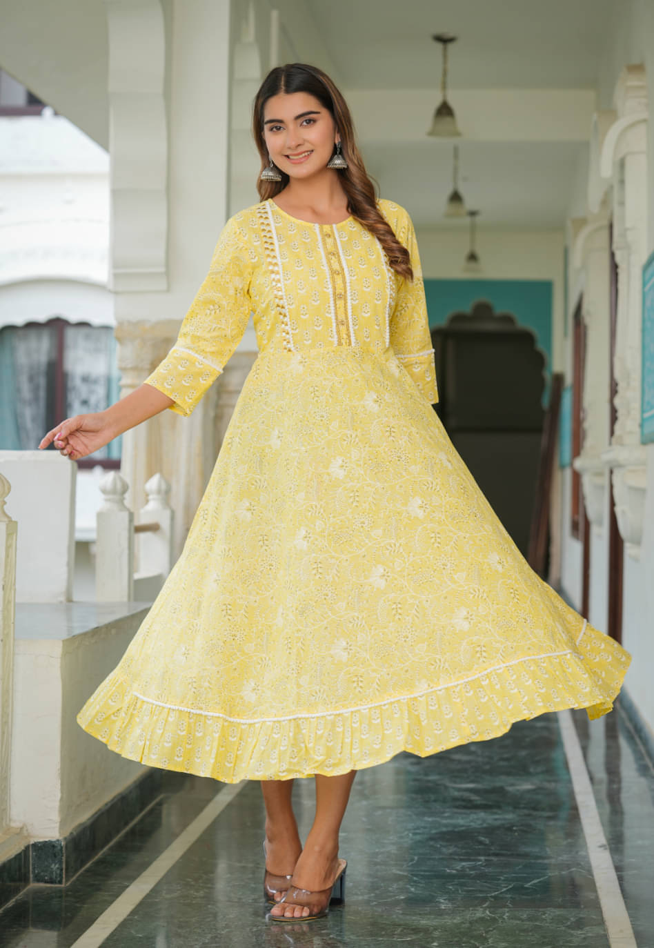Yash Gallery Pack of 1 Cotton Printed Anarkali Women's Kurti - ( Yellow ) Yash Gallery Pack of 1 Cotton Printed Anarkali Women's Kurti - ( Yellow )