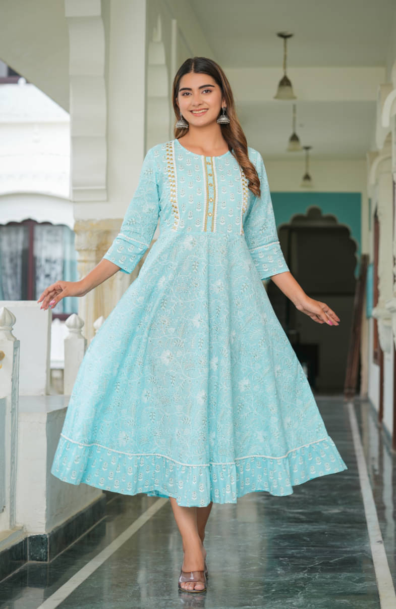 Yash Gallery Pack of 1 Cotton Printed Anarkali Women's Kurti - ( Blue ) Yash Gallery Pack of 1 Cotton Printed Anarkali Women's Kurti - ( Blue )