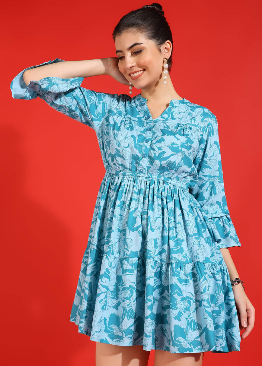     			Yash Gallery Women Rayon Printed Fit & Flare Dress ( Blue )