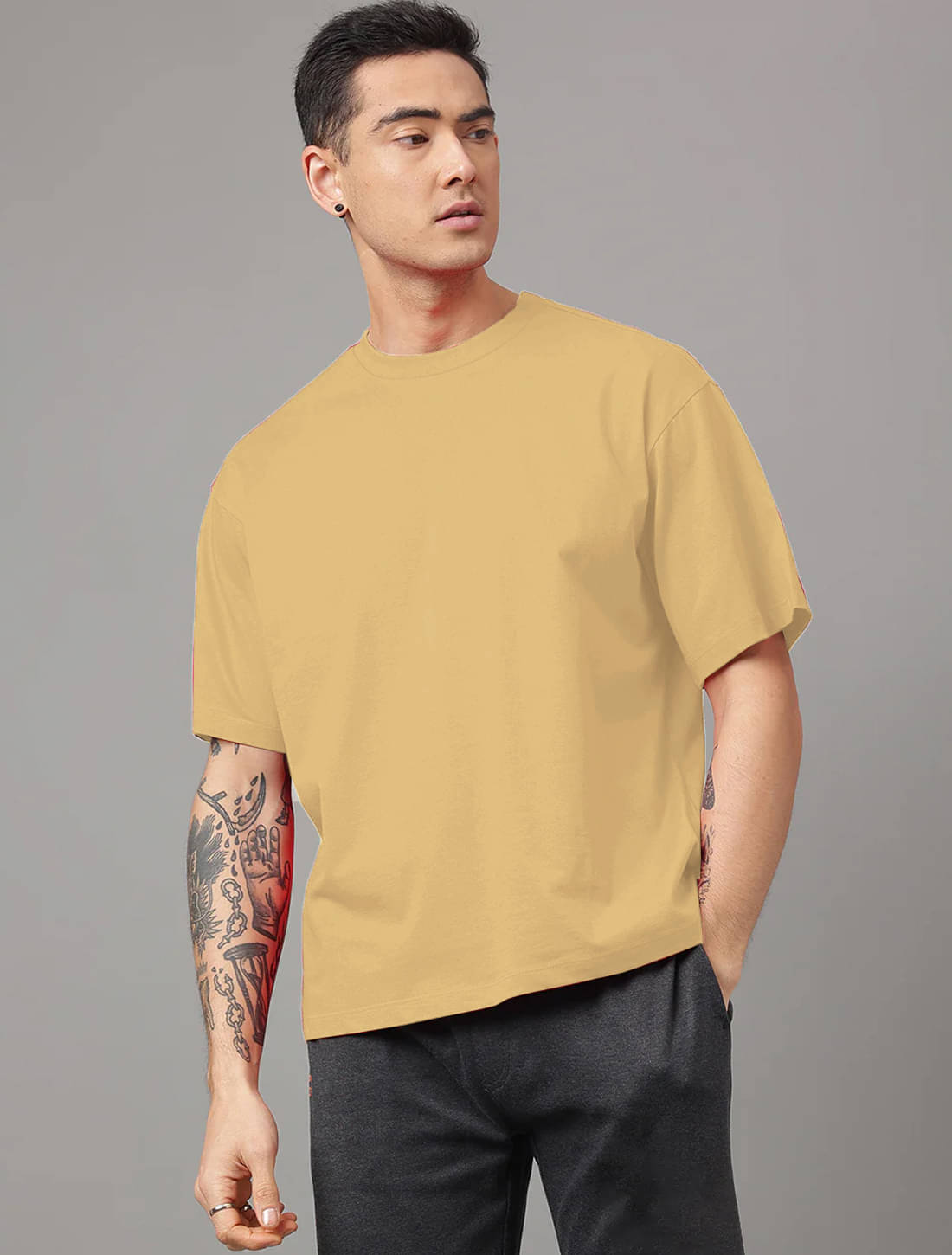     			clafoutis Cotton Oversized Fit Solid Half Sleeves Men's Round T-Shirt - Beige ( Pack of 1 )