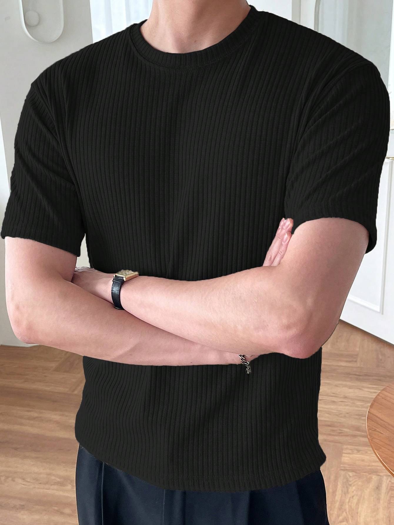     			clafoutis Polyester Relaxed Fit Striped Half Sleeves Men's Round T-Shirt - Black ( Pack of 1 )