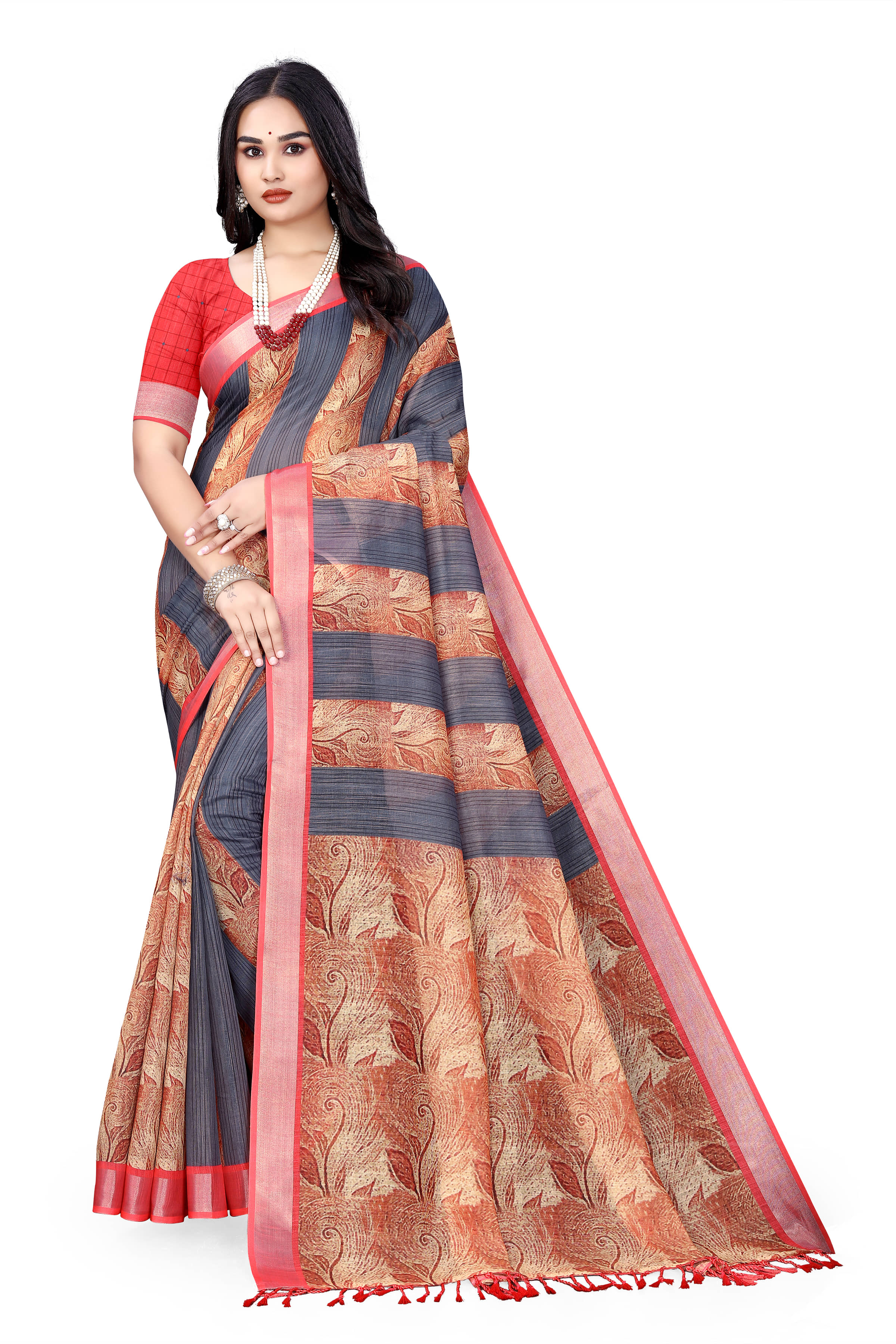 supalee Tex Linen Printed Saree With Unstitched Blouse Piece ( Grey ) - Sarees | Buy online on ZillyBuy