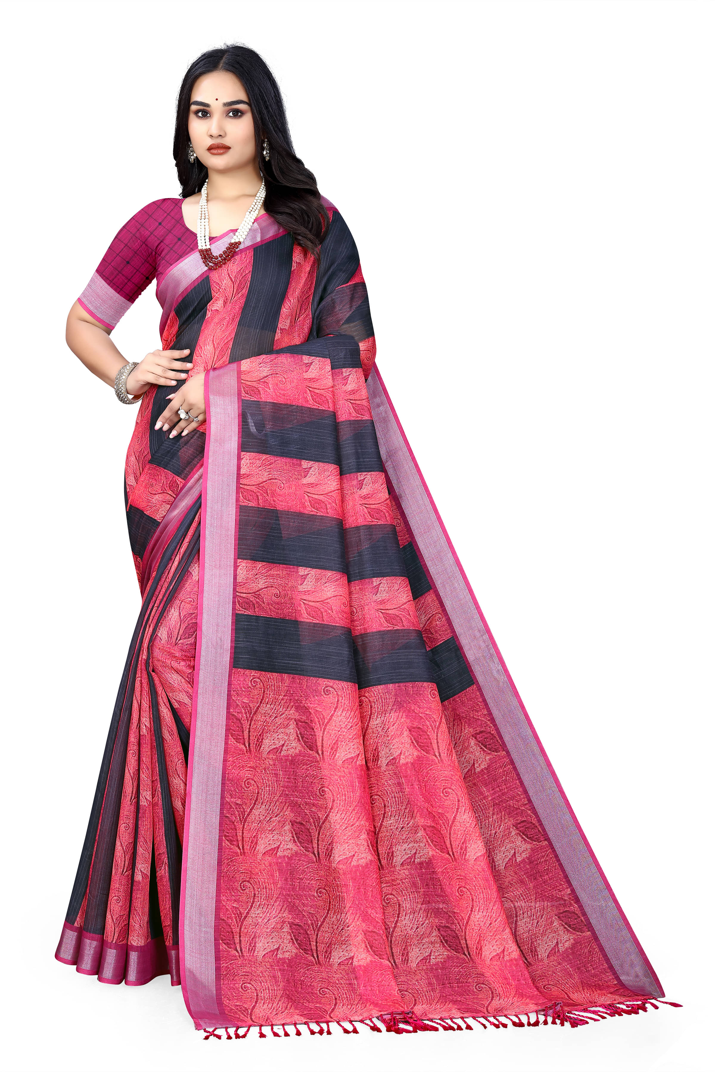 supalee Tex Linen Printed Saree With Unstitched Blouse Piece ( Black )     			supalee Tex Linen Printed Saree With Unstitched Blouse Piece ( Black )