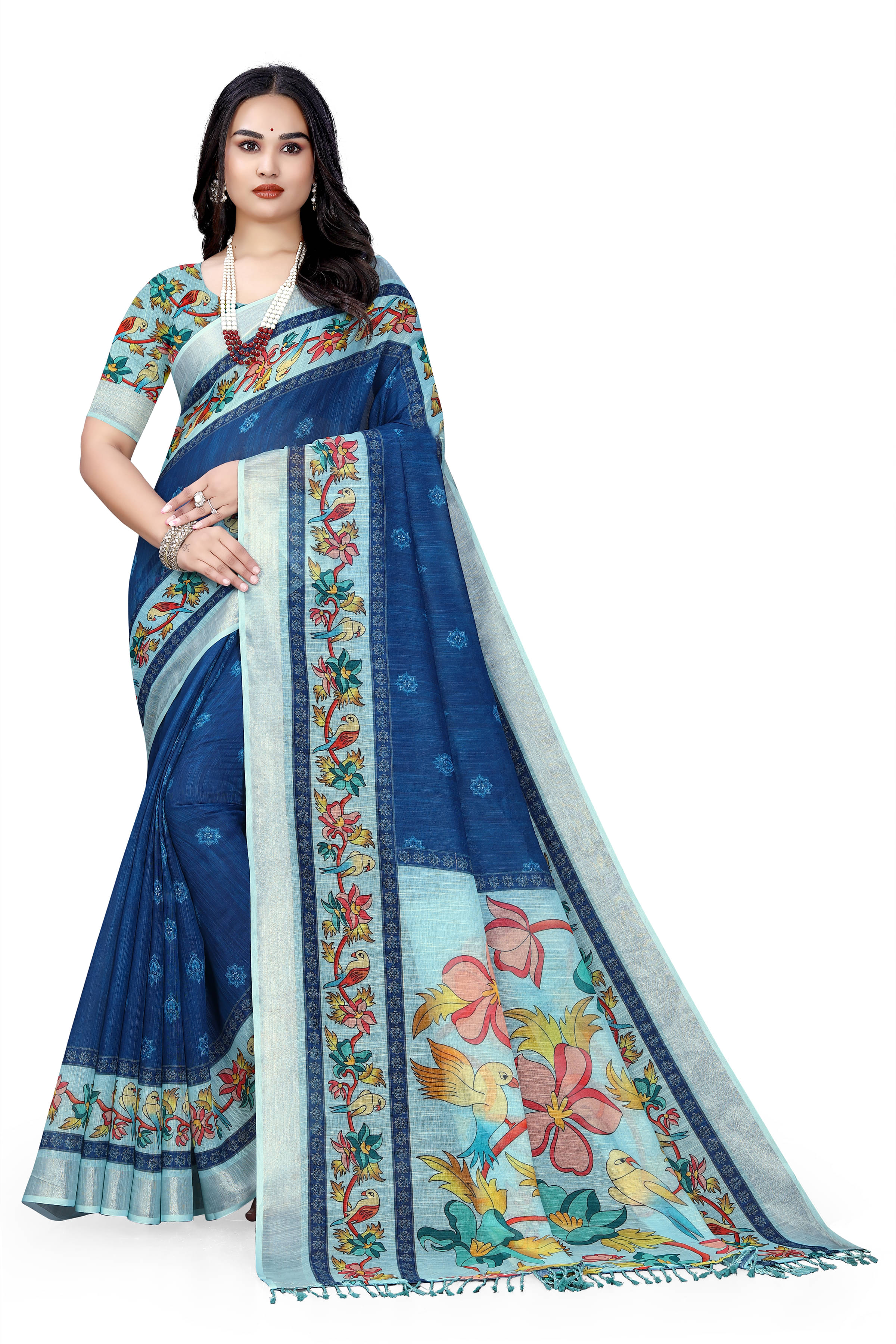     			supalee Tex Linen Printed Saree With Unstitched Blouse Piece ( Teal )