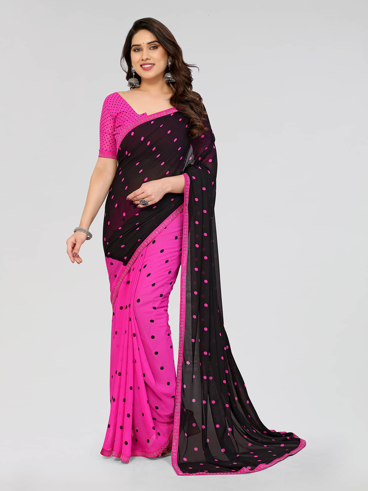 ANAND SAREES Georgette Printed Saree With Unstitched Blouse Piece ( Pink ) ANAND SAREES Georgette Printed Saree With Unstitched Blouse Piece ( Pink )