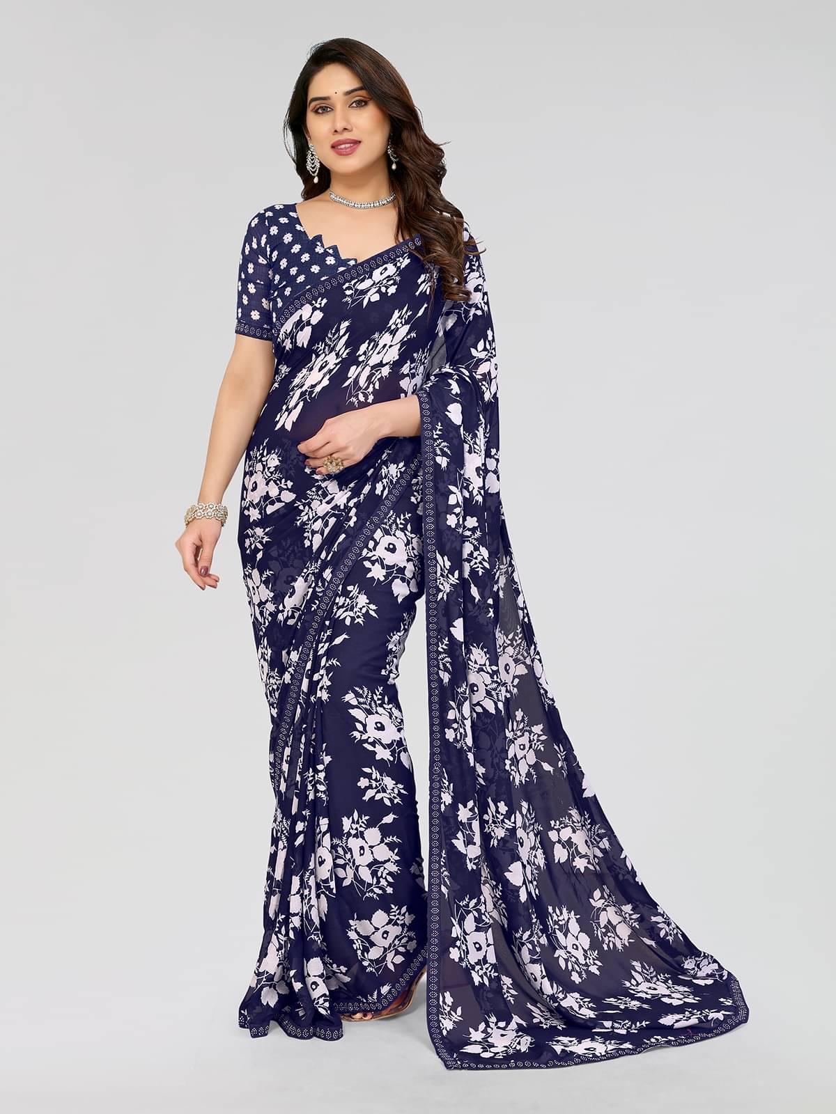 ANAND SAREES Georgette Printed Saree With Unstitched Blouse Piece ( Blue ) ANAND SAREES Georgette Printed Saree With Unstitched Blouse Piece ( Blue )
