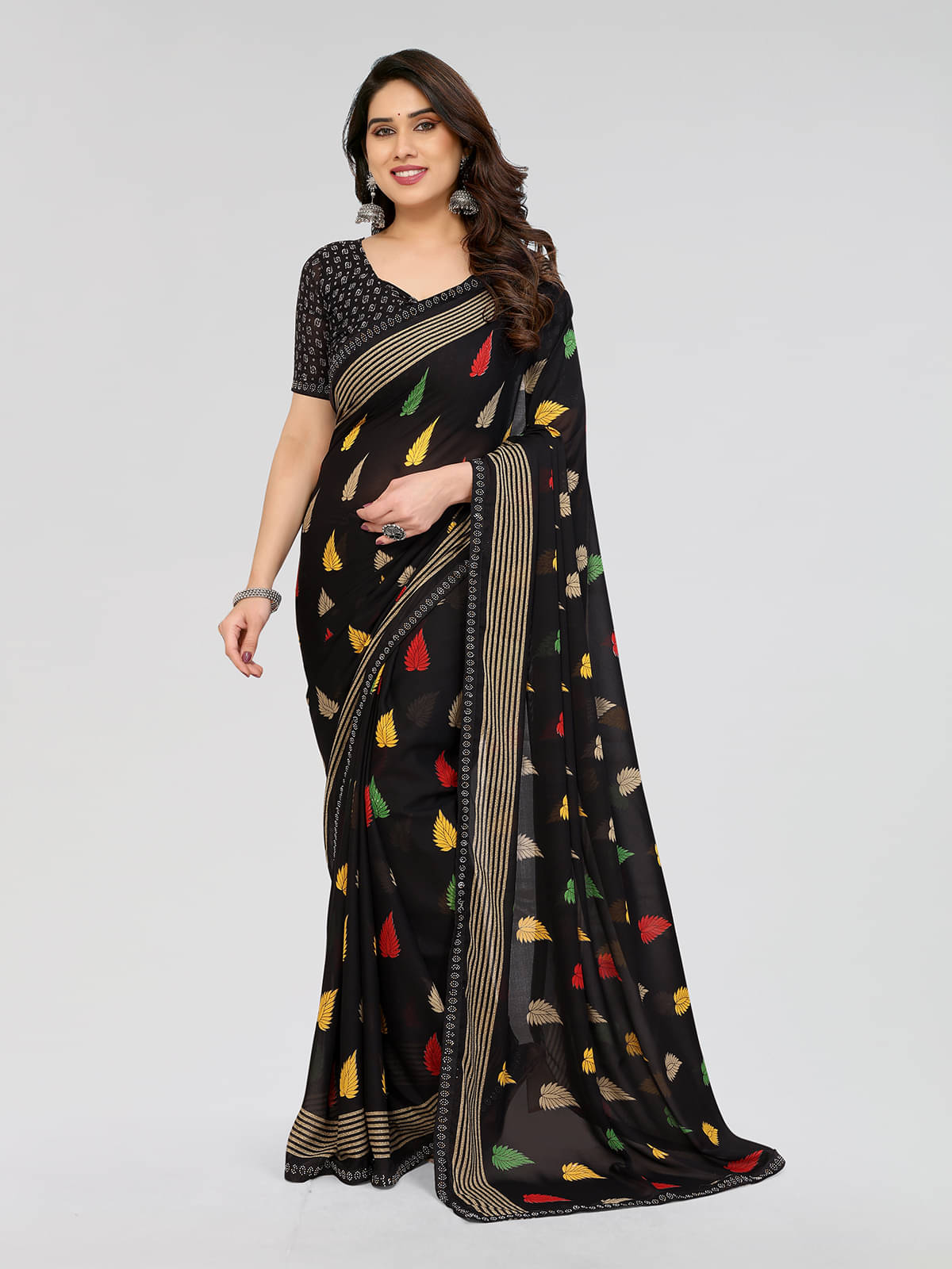     			ANAND SAREES Georgette Printed Saree With Unstitched Blouse Piece ( Black )