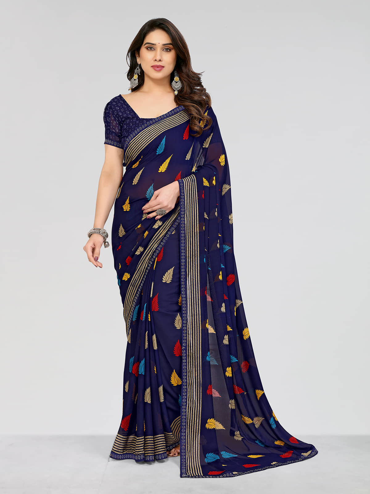 ANAND SAREES Georgette Printed Saree With Unstitched Blouse Piece ( Blue ) - Sarees | Buy online on ZillyBuy