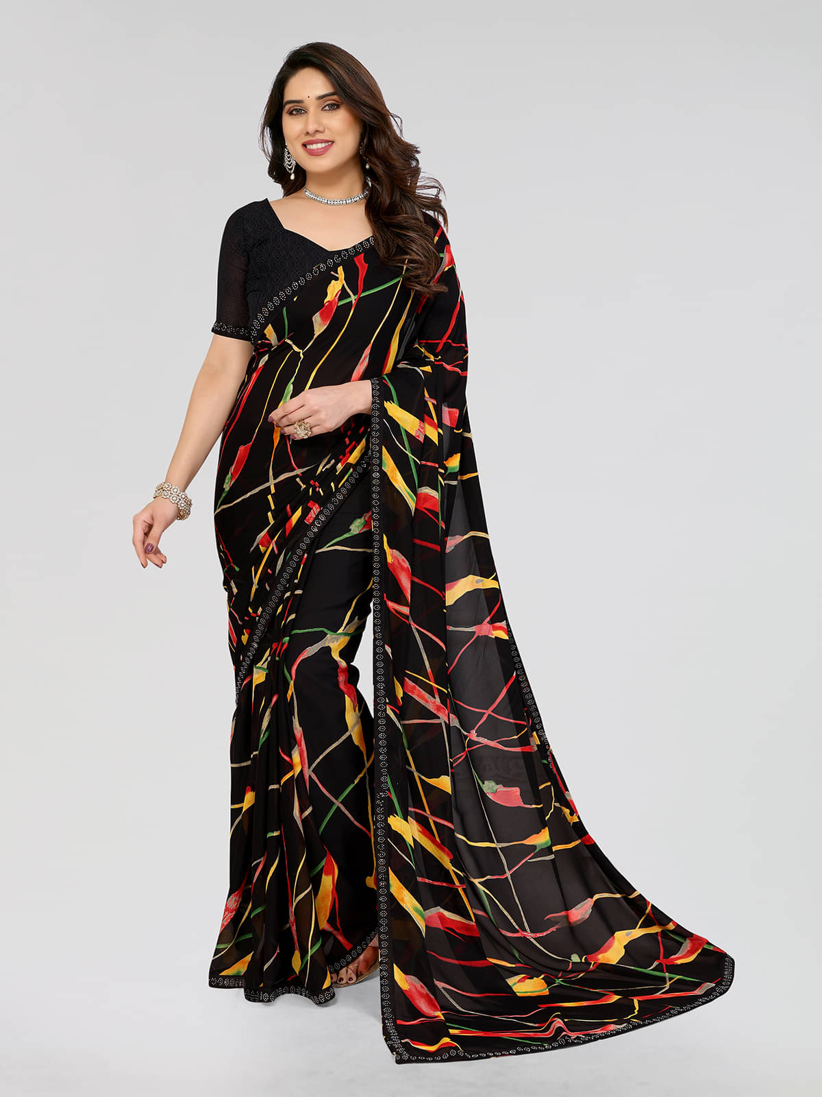 ANAND SAREES Georgette Printed Saree With Unstitched Blouse Piece ( Black ) ANAND SAREES Georgette Printed Saree With Unstitched Blouse Piece ( Black )