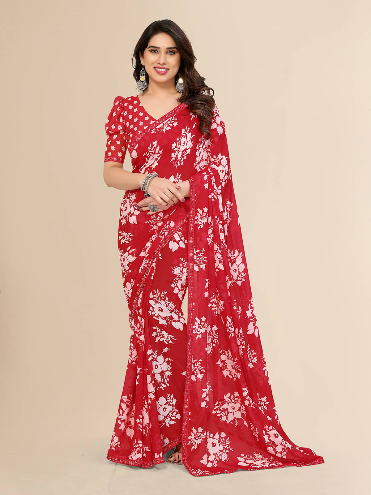 ANAND SAREES Georgette Printed Saree With Unstitched Blouse Piece ( Red )     			ANAND SAREES Georgette Printed Saree With Unstitched Blouse Piece ( Red )