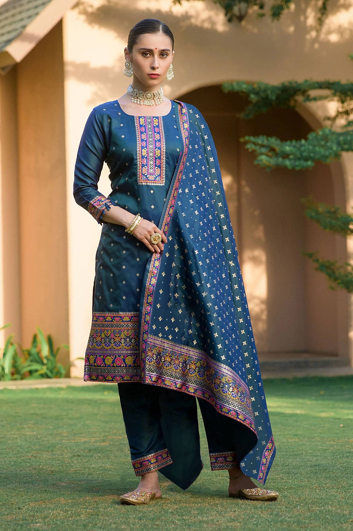     			Trijal Fab Pack of 1 Jacquard Woven Design Straight Women's Kurti with Dupatta - ( Blue )