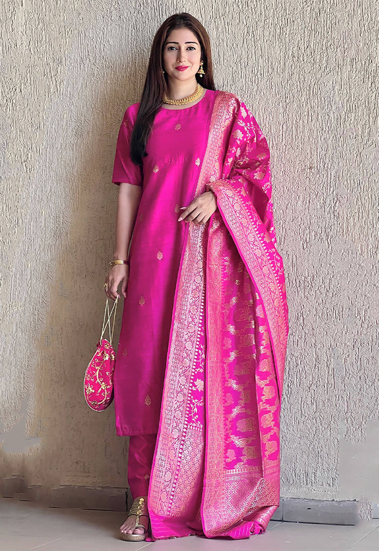 Trijal Fab Pack of 1 Jacquard Woven Design Straight Women's Kurti with Dupatta - ( Pink ) Trijal Fab Pack of 1 Jacquard Woven Design Straight Women's Kurti with Dupatta - ( Pink )