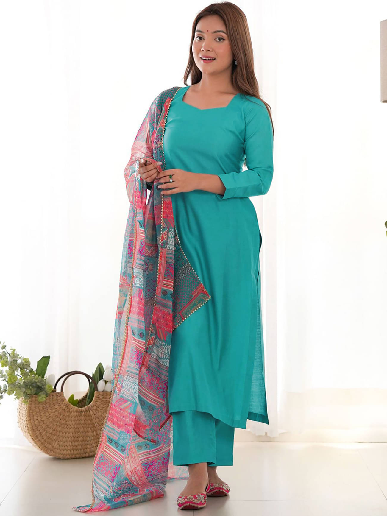 Trijal Fab Pack of 1 Cotton Silk Solid Straight Women's Kurti with Dupatta - ( Teal ) Trijal Fab Pack of 1 Cotton Silk Solid Straight Women's Kurti with Dupatta - ( Teal )