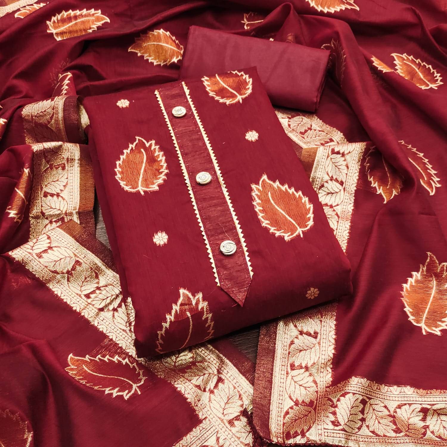     			ALSHOP Unstitched Silk Blend Printed Dress Material - Maroon ( Pack of 1 )