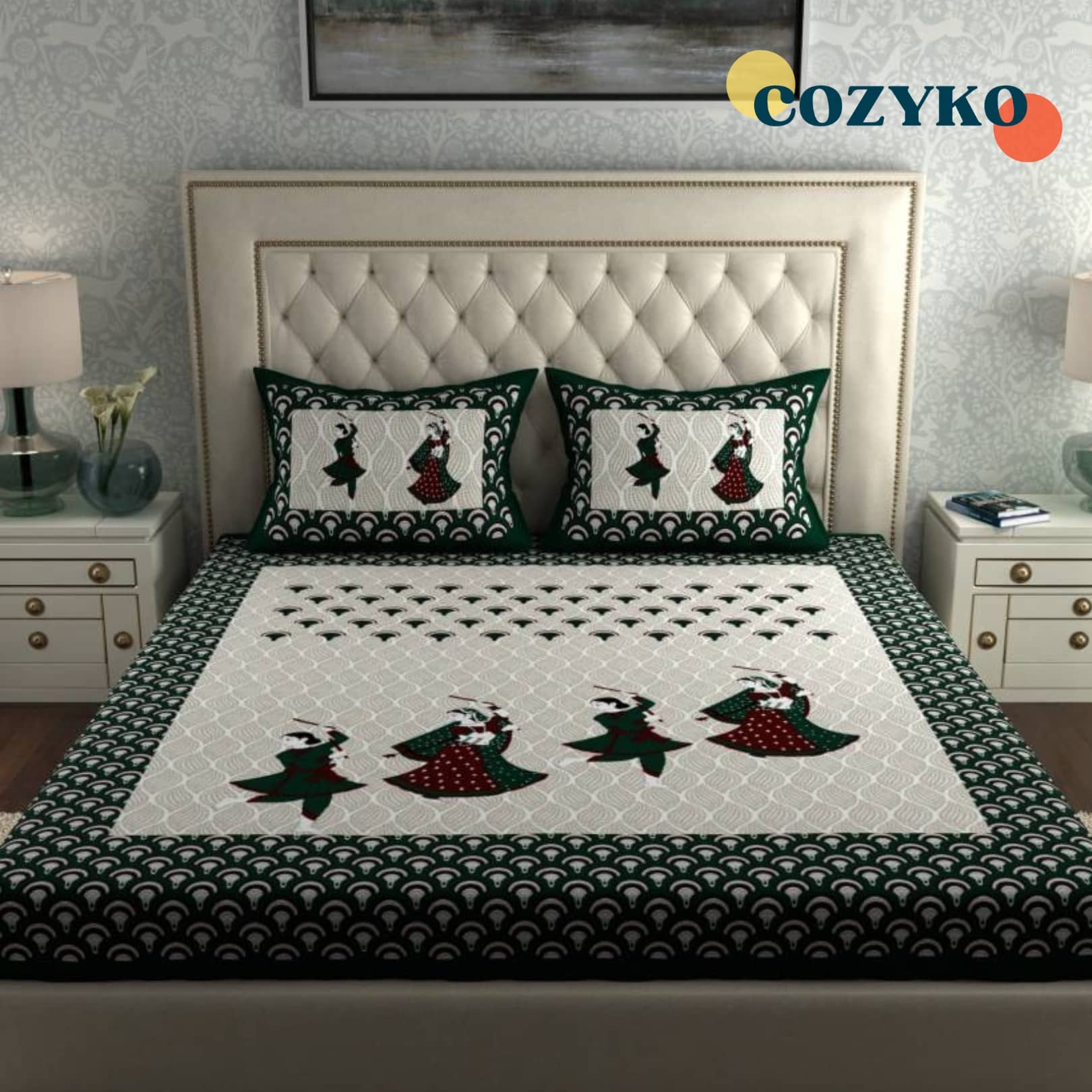 COZYKO Cotton 1 Double Bedsheet with 2 Pillow Covers ( Green )