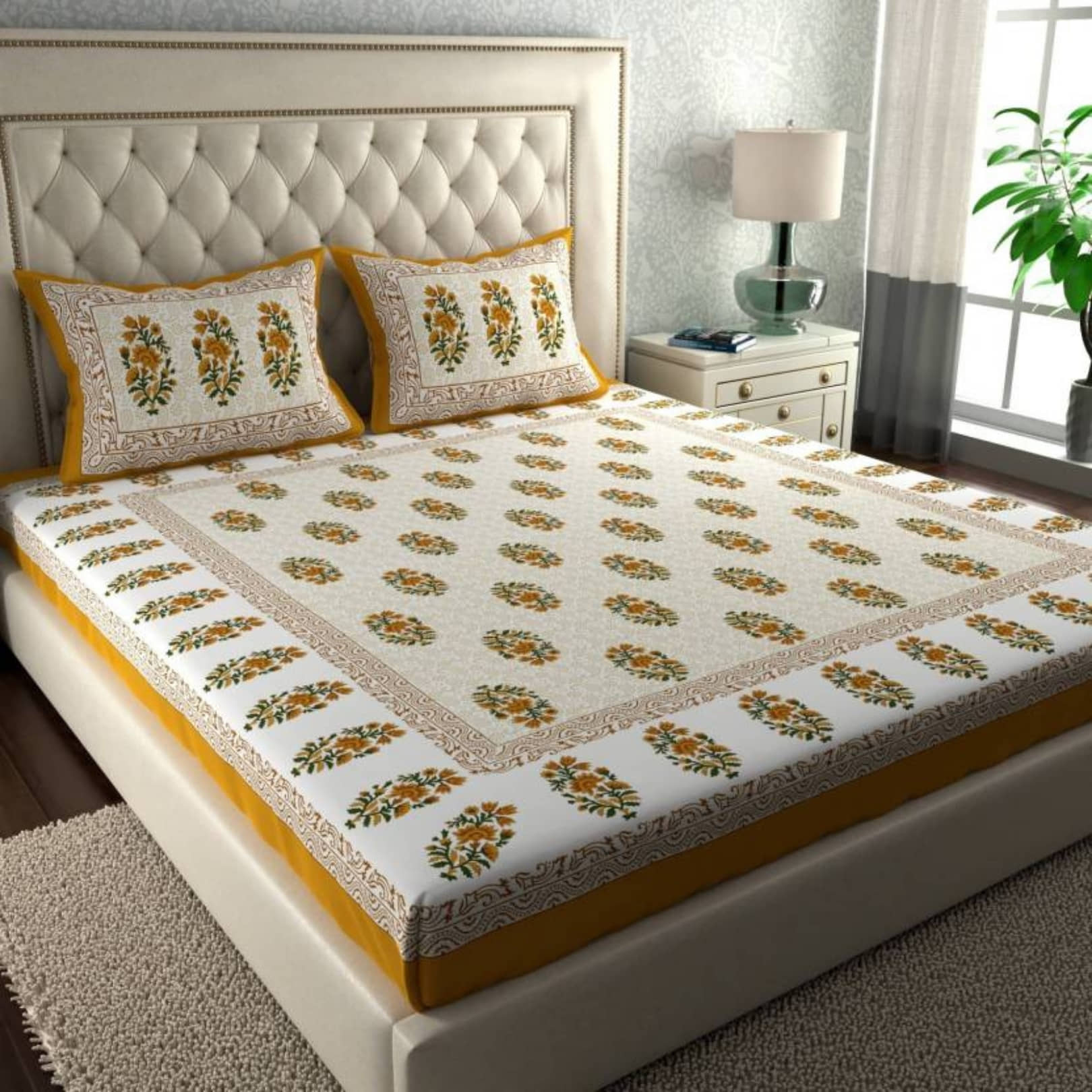 COZYKO Cotton 1 Double Queen Bedsheet with 2 Pillow Covers ( Yellow )