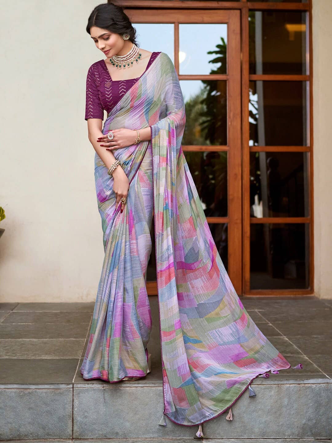 DIKONA DESIGNER Chiffon Printed Saree With Unstitched Blouse Piece ( Grey,Purple ) - Sarees | Buy online on ZillyBuy