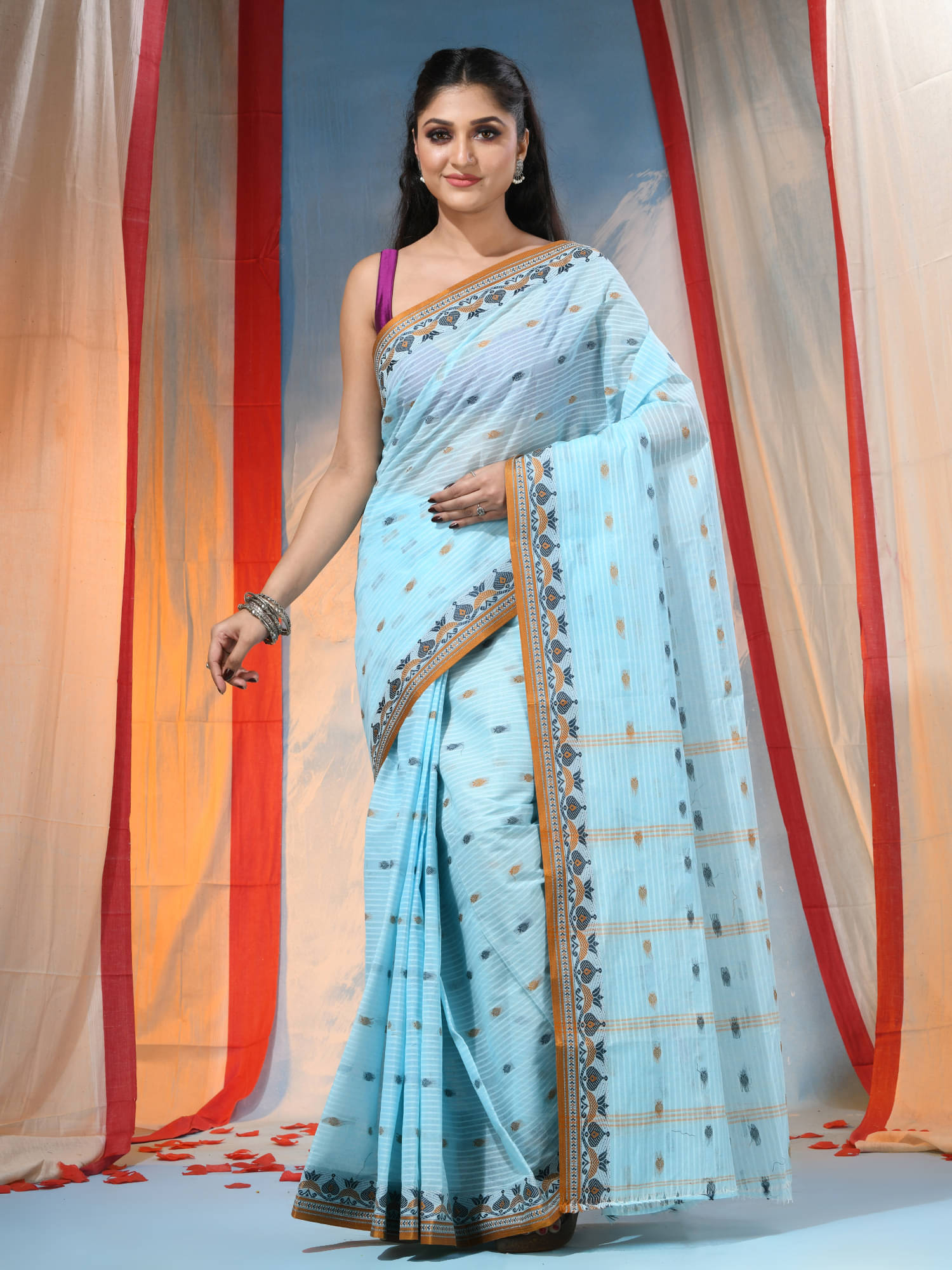     			Desh Bidesh Cotton Printed Saree Without Blouse Piece ( Blue )