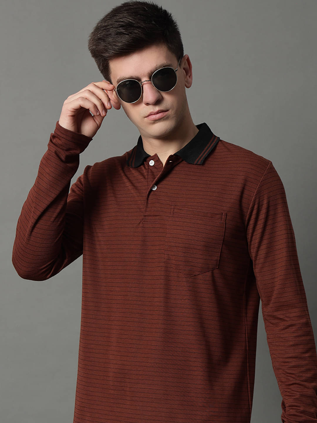GET GOLF Pack of 1 Cotton Blend Regular Fit Striped Full Sleeves Men's Polo T Shirt ( Brown ) GET GOLF Pack of 1 Cotton Blend Regular Fit Striped Full Sleeves Men's Polo T Shirt ( Brown )