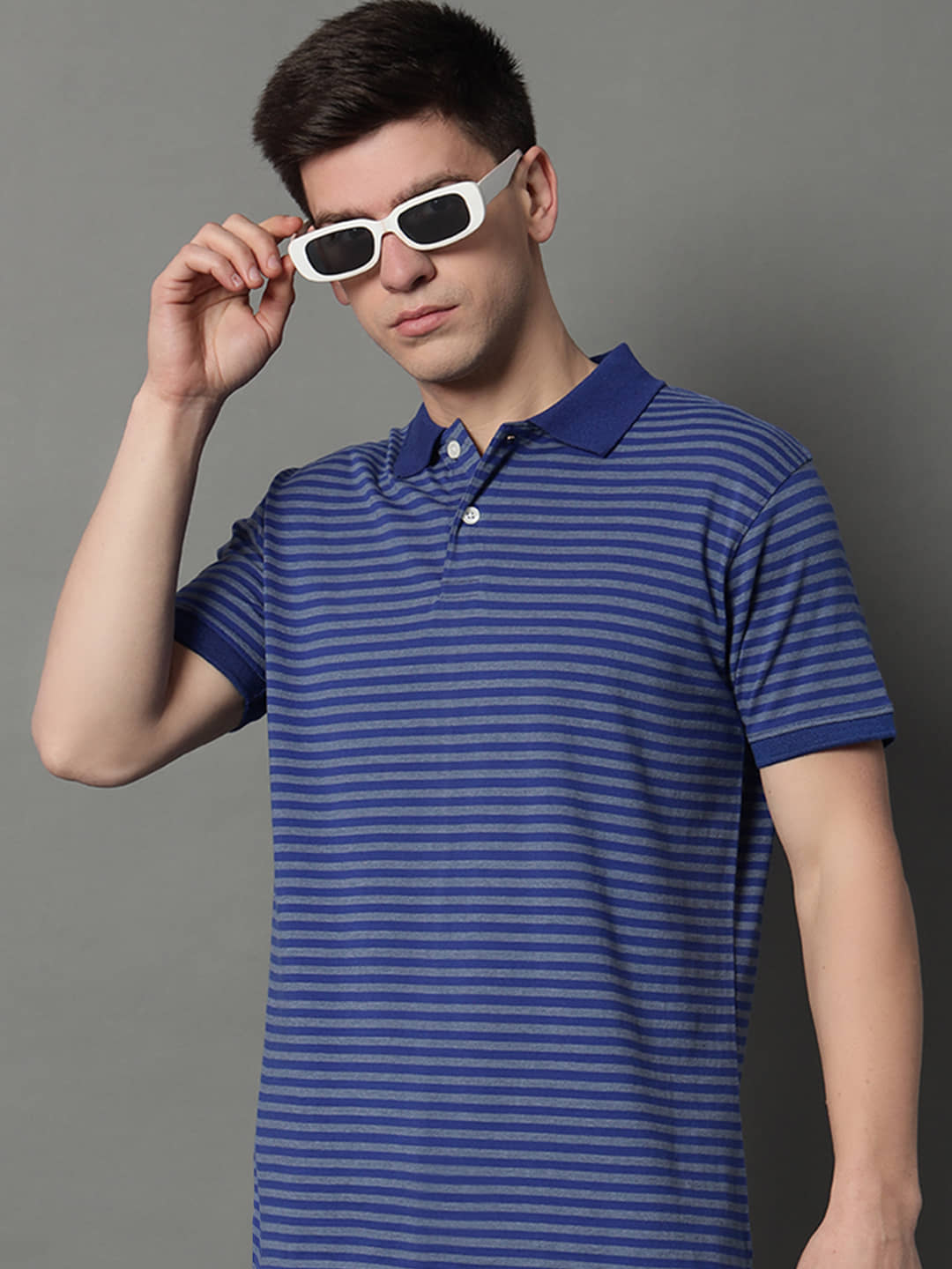 GET GOLF Pack of 1 Cotton Blend Regular Fit Striped Half Sleeves Men's Polo T Shirt ( Blue )