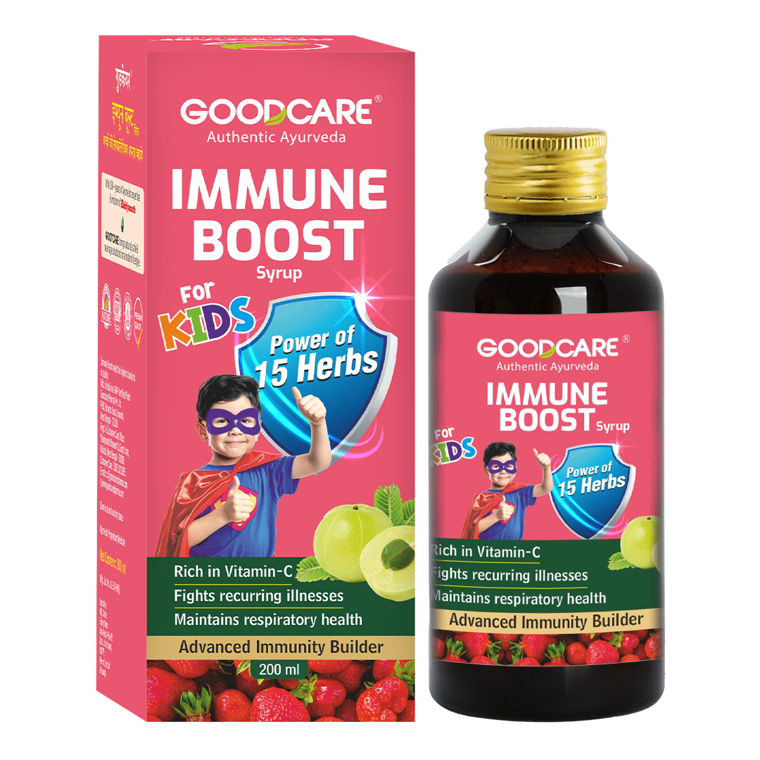 Goodcare Immune Boost Syrup for Kids, Ayurvedic Tonic with 15 Herbs, Boosts Immunity, Strength, Growth, Supports Respiratory Health 200ml Goodcare Immune Boost Syrup for Kids, Ayurvedic Tonic with 15 Herbs, Boosts Immunity, Strength, Growth, Supports Respiratory Health 200ml