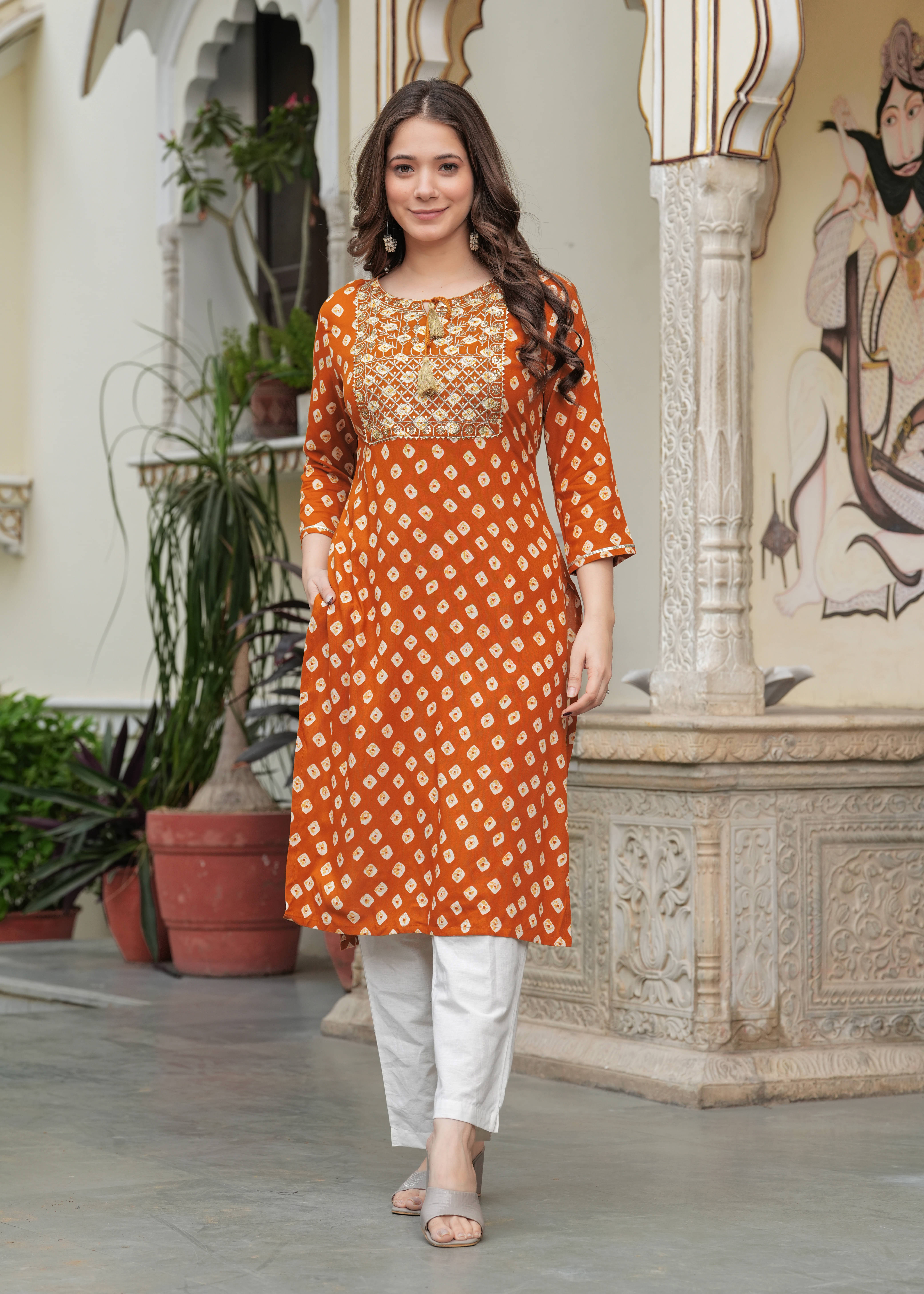 Kapadia Pack of 1 Rayon Embroidered Straight Women's Kurti - ( Orange ) Kapadia Pack of 1 Rayon Embroidered Straight Women's Kurti - ( Orange )