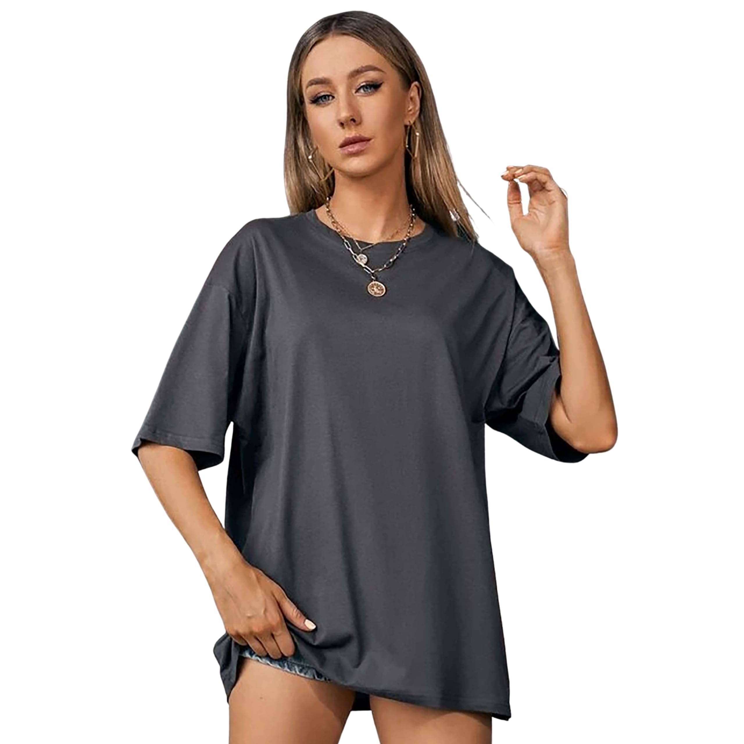 LONDON HILLS Women Cotton Blend Solid Oversized Fit Round Neck T-Shirt ( Grey ) LONDON HILLS Women Cotton Blend Solid Oversized Fit Round Neck T-Shirt ( Grey )