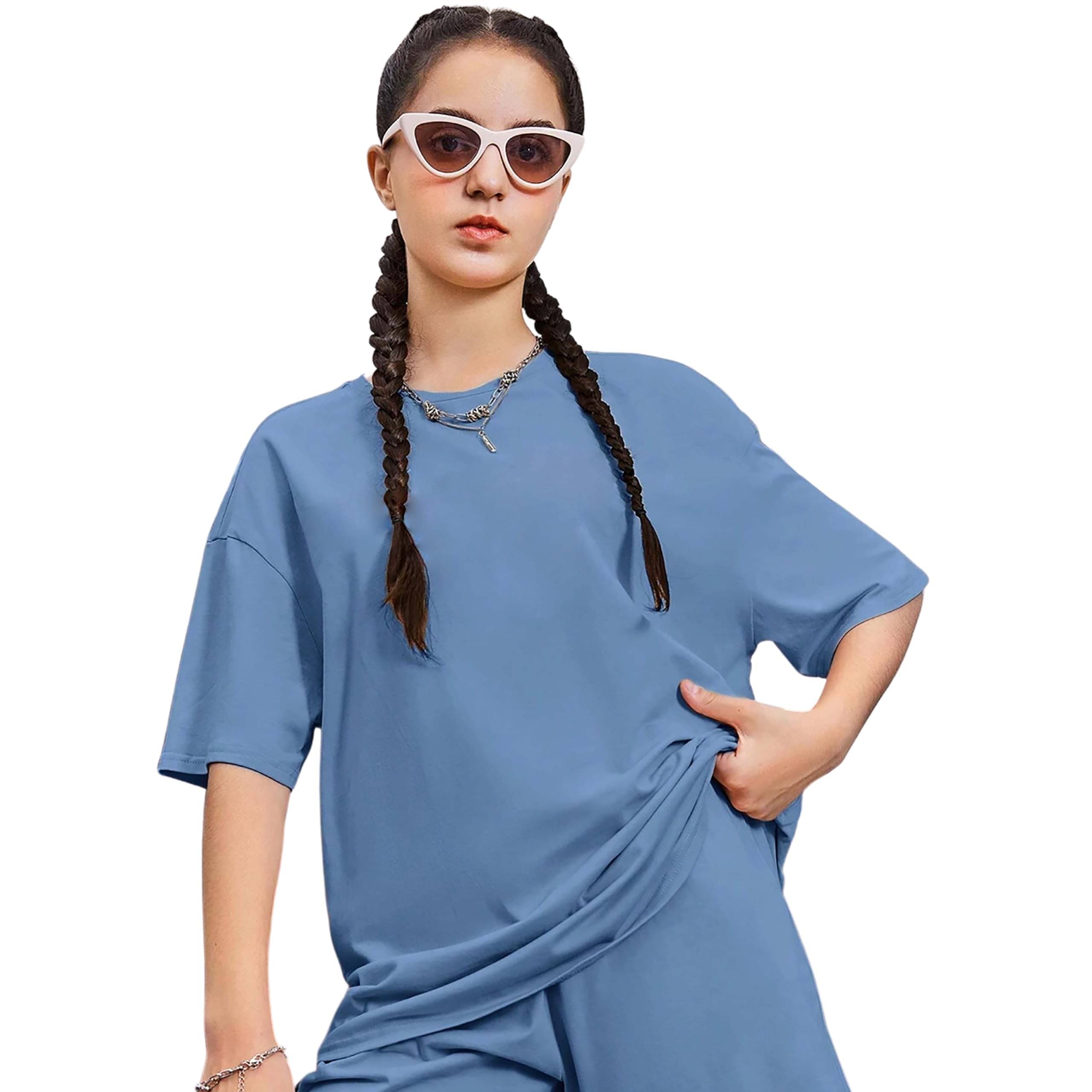 LONDON HILLS Women Cotton Blend Solid Oversized Fit Round Neck T-Shirt ( Blue )     			LONDON HILLS Women Cotton Blend Solid Oversized Fit Round Neck T-Shirt ( Blue )