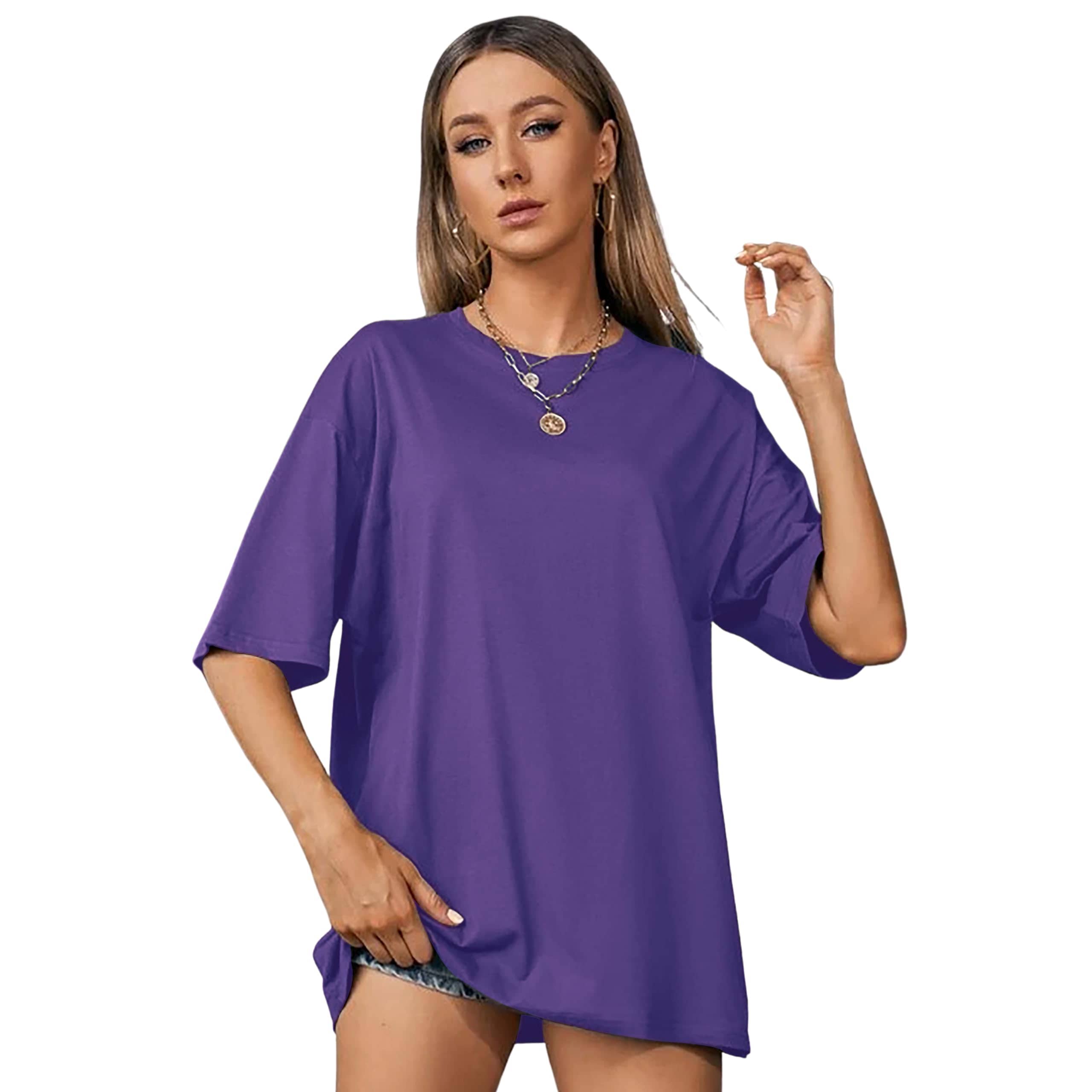 LONDON HILLS Women Cotton Blend Solid Oversized Fit Round Neck T-Shirt ( Purple )