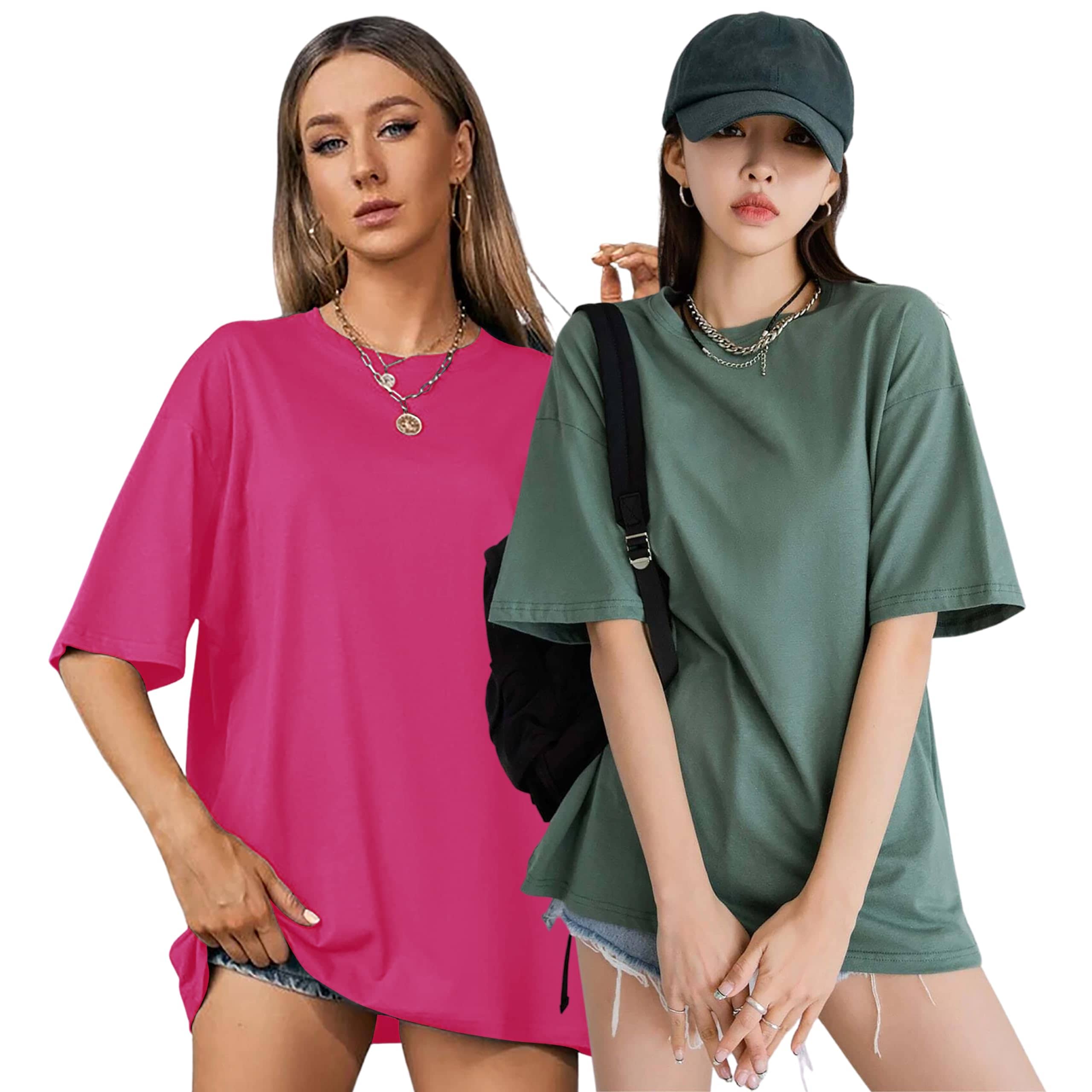 LONDON HILLS Women Cotton Blend Solid Oversized Fit Round Neck T-Shirt ( Green )