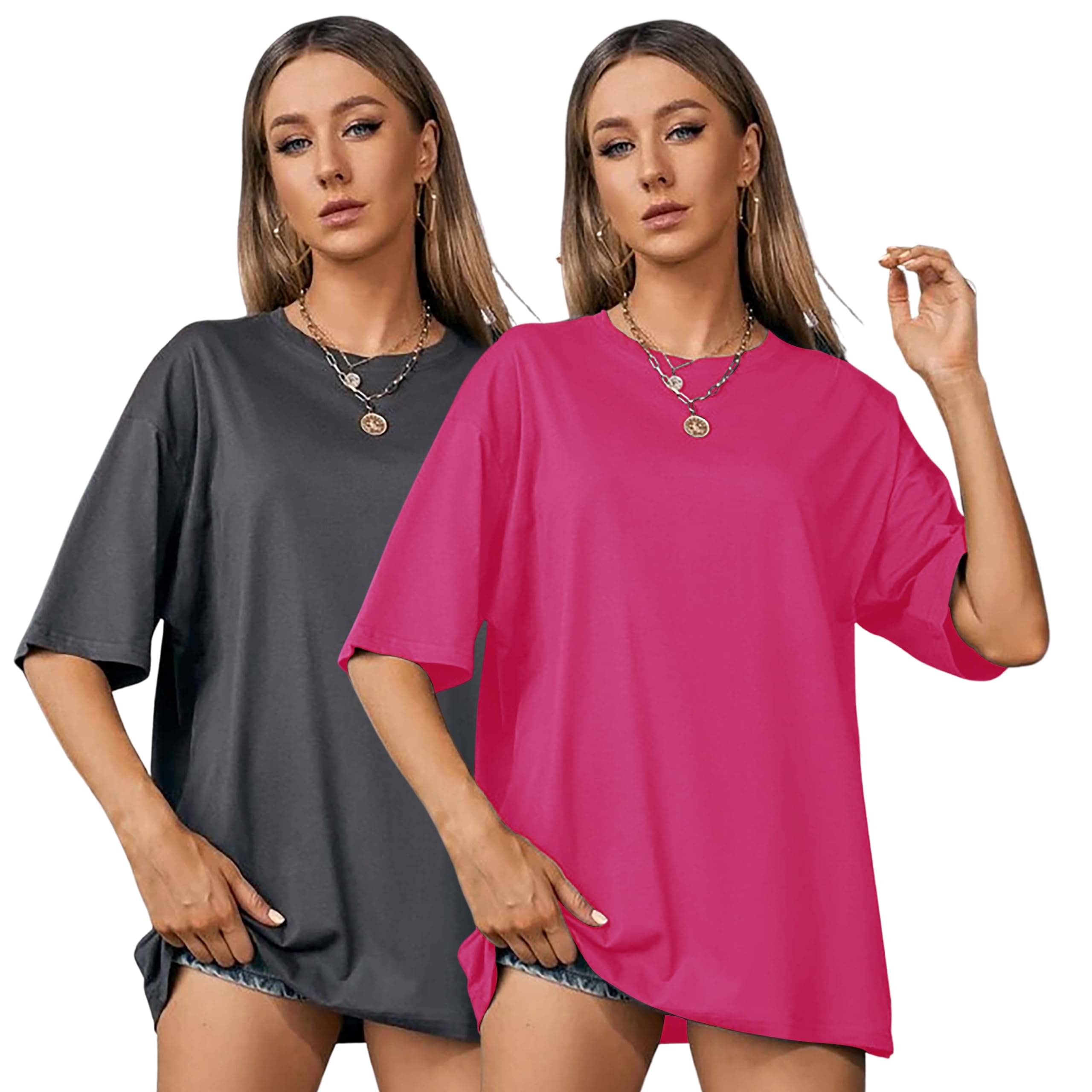 LONDON HILLS Women Cotton Blend Solid Oversized Fit Round Neck T-Shirt ( Magenta )     			LONDON HILLS Women Cotton Blend Solid Oversized Fit Round Neck T-Shirt ( Magenta )
